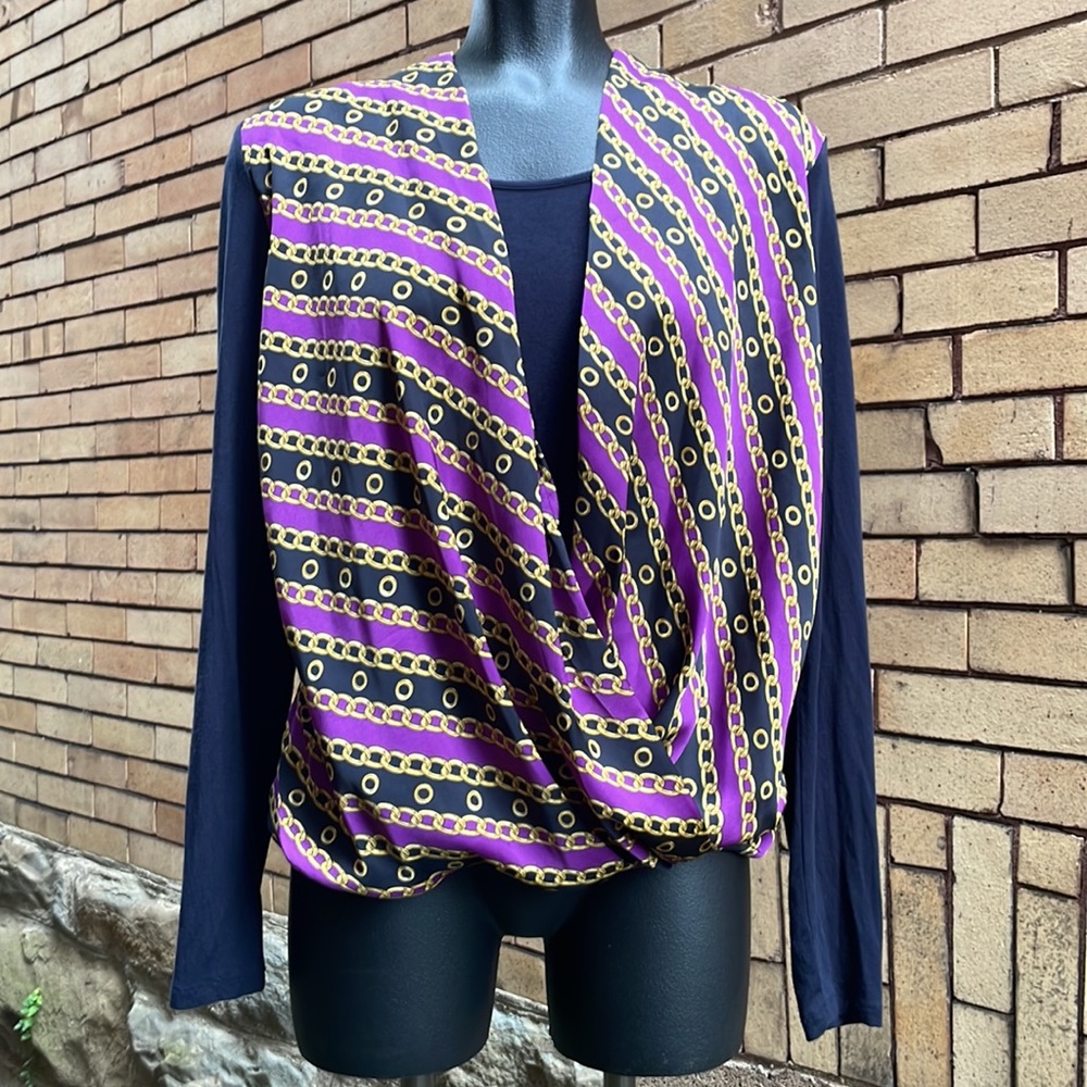 Michael Michael Kors Chain Print Faux Wrap Long Sleeve Blouse Size Medium